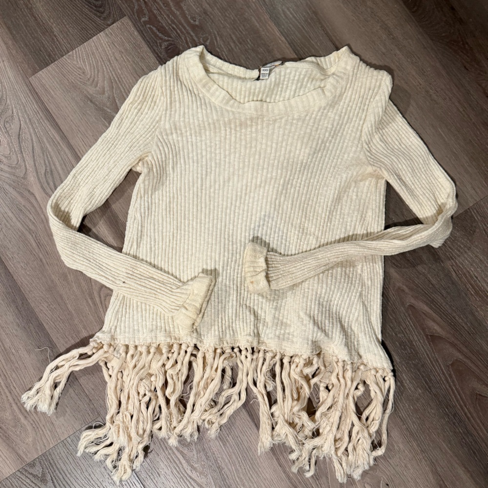 Anthropologie Cream Long Sleeve Fringe Top